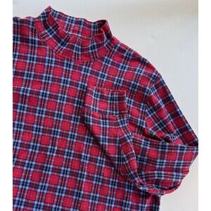 Lands End Top Womens XL Blue Red Tartan Plaid Mock Neck T-Shirt Cotton Pullover